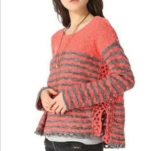 Free People | French Creek Sweater Pink Gray Stripes Crochet Trim Size S
